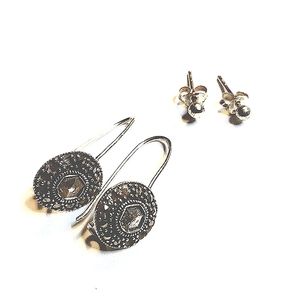 2 PAIRS OF MARCASITE & STERLING EARRINGS 1" LONG & TINY BUTTON